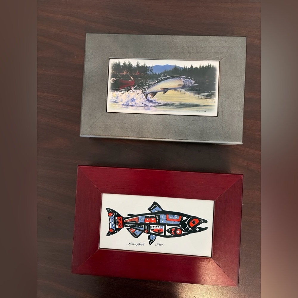 Set of 2 Wooden Keepsake Boxes w/ Original Art Inset (Fish Theme) | Hinged Lid